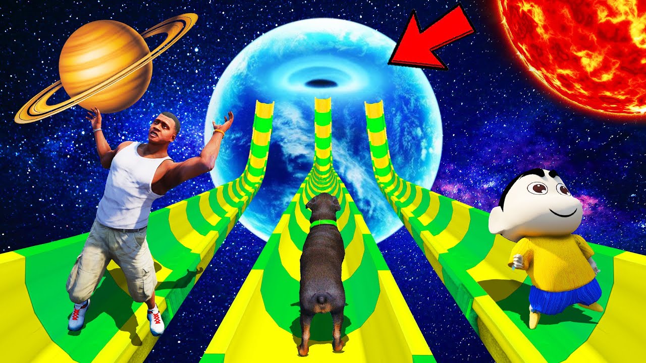 SHINCHAN AND FRANKLIN TRIED THE IMPOSSIBLE LONGEST WATERSLIDE FROM SPACE PARKOUR CHALLENGE GTA 5