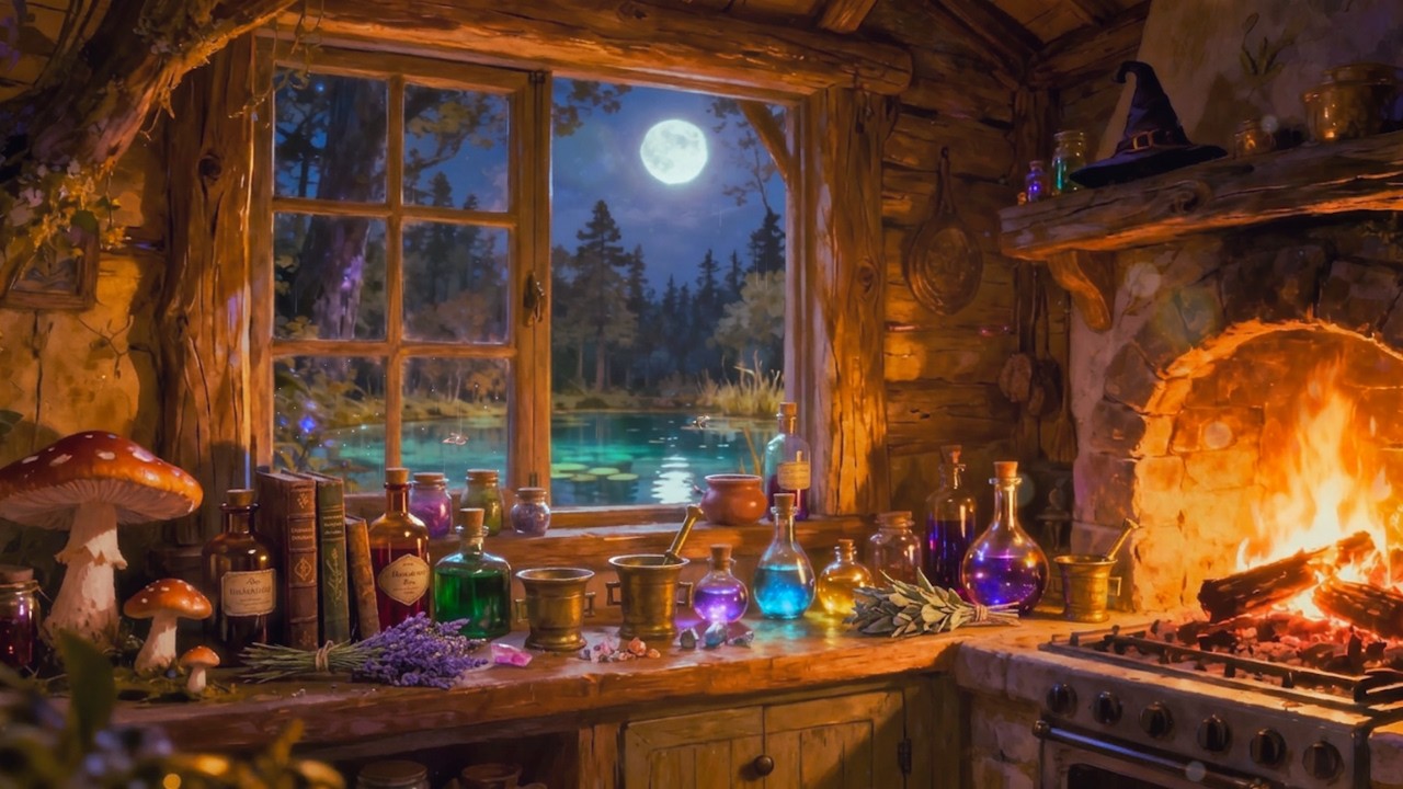 Witch Cabin Ambience - Soft rain Sounds - Cozy Kitchen Ambience - Fireplace ASMR for Study or Sleep