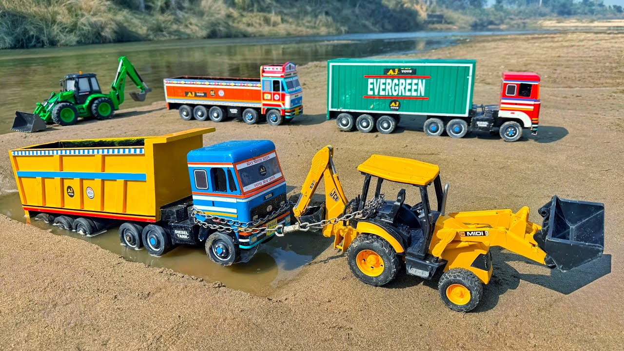 New BharatBenz Tata Truck Muddy Accident Pulling Out JCB 3DX | Jcb Cartoon | Tractor Cartoon Video