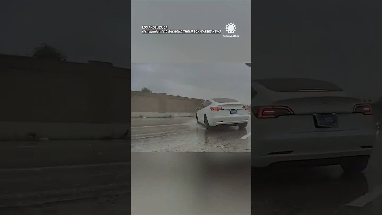 Tesla loses control in heavy rain, rotates 360