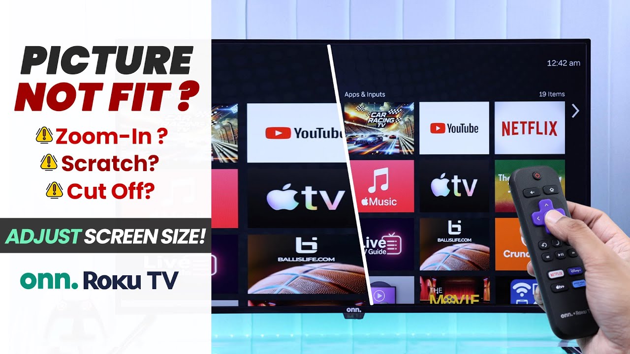 Onn. Roku TV: Как изменить размер экрана на полноэкранный — изображение отображается некорректно.