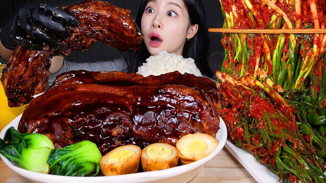 ASMR MUKBANG | Цельная тушёная свиная грудинка ★ Острый кимчи из зелёного лука & яйца & пак-чой