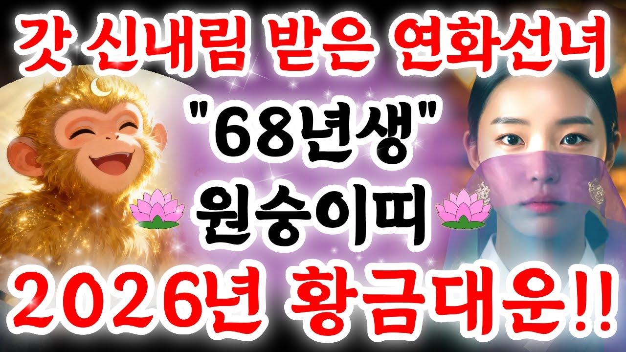 [🐵68년생 원숭이띠 ] 2026년 황금대운!! 100억 대운을 꽉 잡으시려면 '이 영상' 놓치지 마세요! 그냥 맞으면 다칠 '위험' 있습니다! │갓 신내림 받은 연화선녀 신점