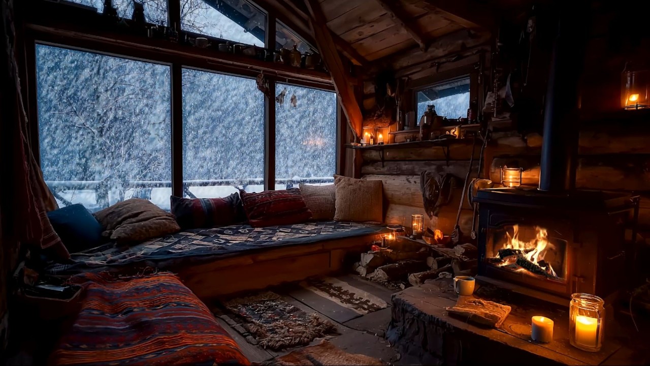 Stormy Winter Cabin Retreat 🔥 Fireplace Ambience & Howling Wind for Peace