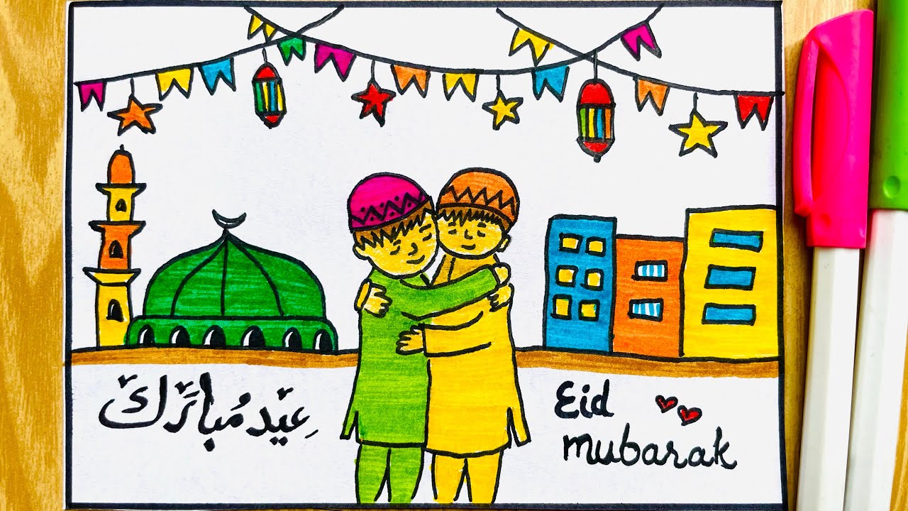 Eid Mubarak Drawing Easy | Eid Festival Art | Cute Muslim Friends Hugging | Eid Card Idea 