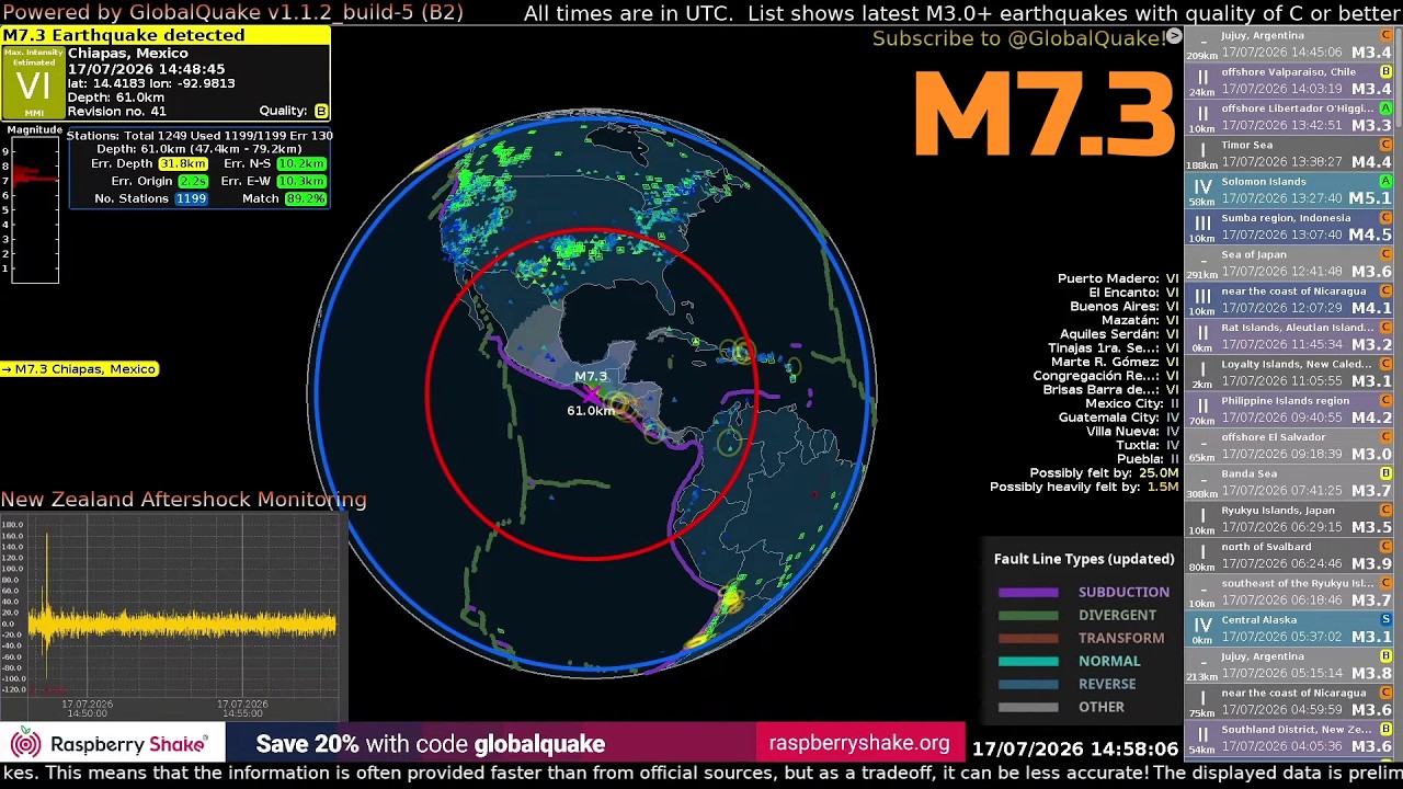 Magnitude 7.3 Earthquake strikes 58 km WSW of Puerto Madero, Mexico | 17. July 2026