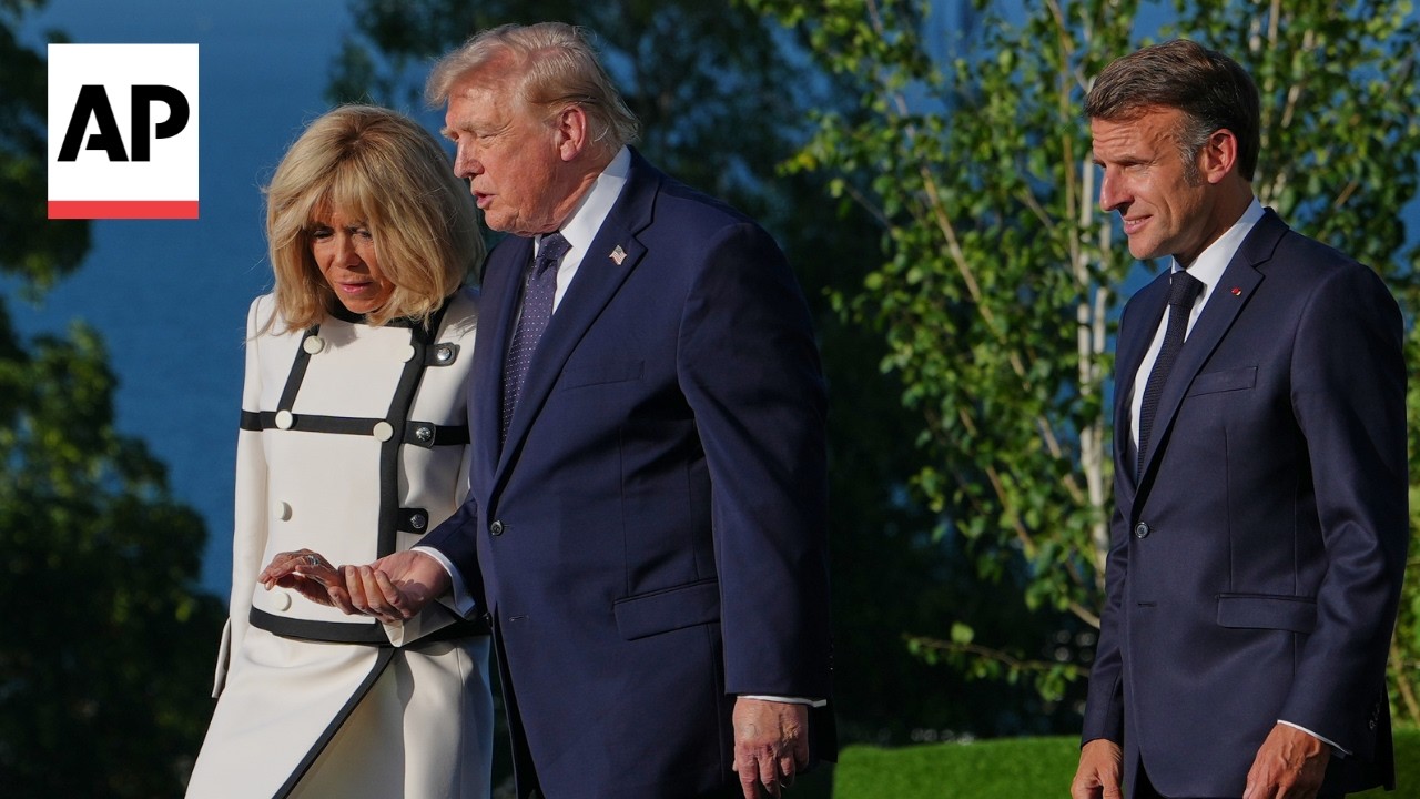 Emmanuel and Brigitte Macron greet Trump and leaders at G7 summit in France