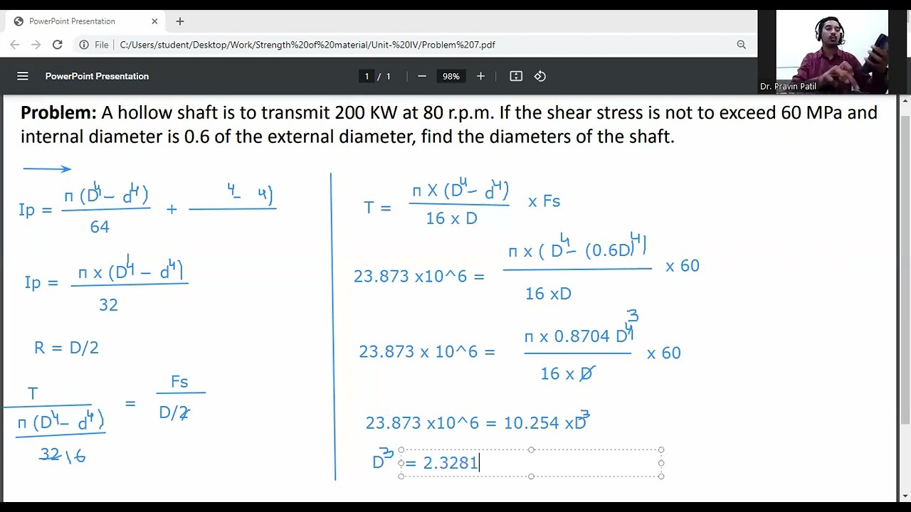 Problem on Torsion/Power Transmitted by hollow shaft/Diameter of Shaft/ Strength of Materials