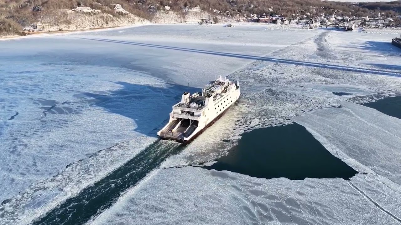 Aerial Footage Shows Ferry Wading Through Icy Port