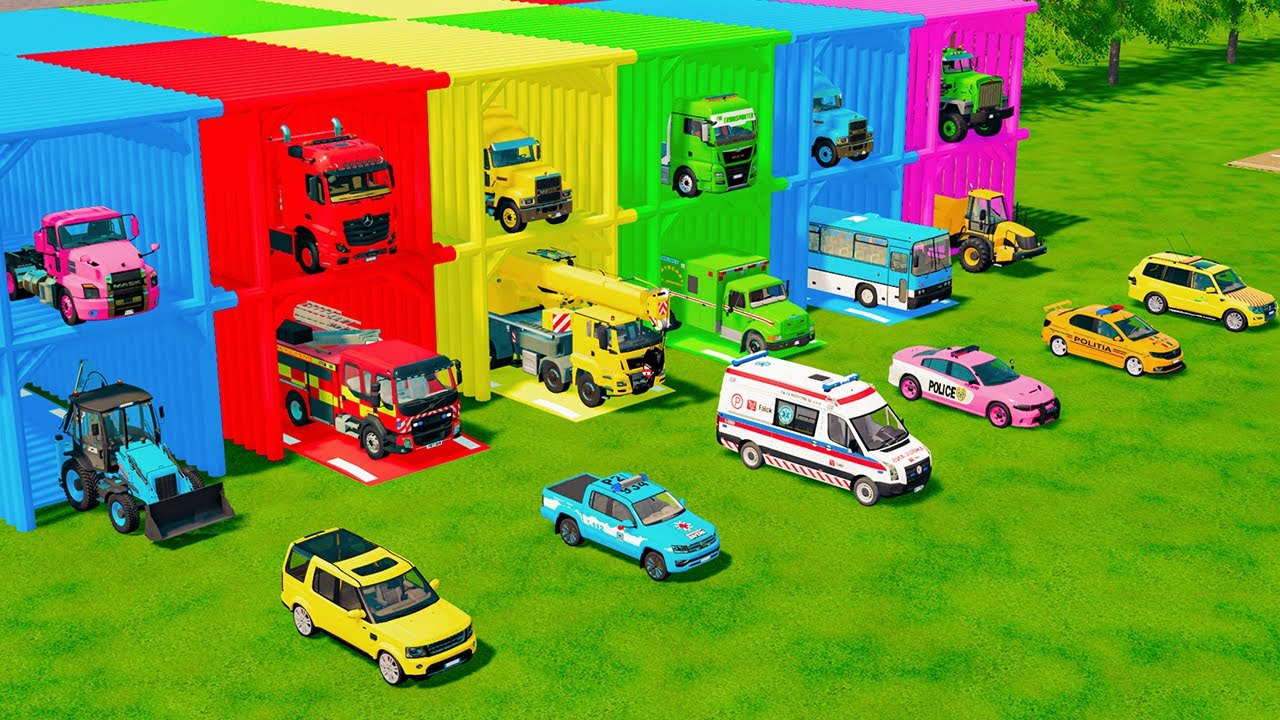 TRANSPORTING ALL EMERGENCY AND POLICE VEHICLES, BACKHOE LOADER, DUMP TRUCK TO GARAGE - FS22