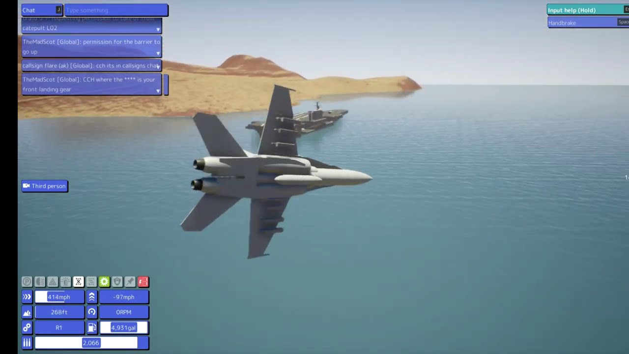 Taking an F-18 to action and flying around the carrier. In Brick Rigs