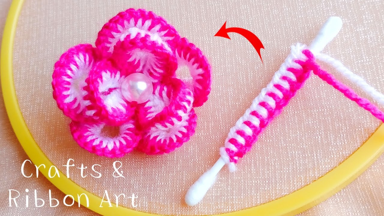 Amazing Woolen Flower Making Ideas with Cotton Buds - DIY Woolen Roses - Hand Embroidery Easy Trick
