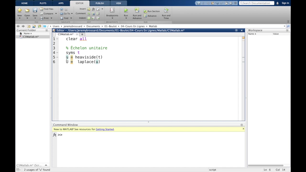 C5 (3/3) - Exercices transformée de Laplace, corrigé avec Matlab.