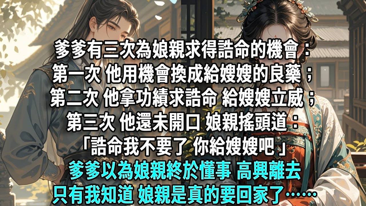爹爹有三次為娘親求得誥命的機會：第一次，他用機會換成給嫂嫂的良藥；第二次，他拿功績求誥命，給嫂嫂立威；第三次，他還未開口，娘親搖頭道：「誥命我不要了，你給嫂嫂吧。」爹爹以為娘親終於懂事，高興離去。只有