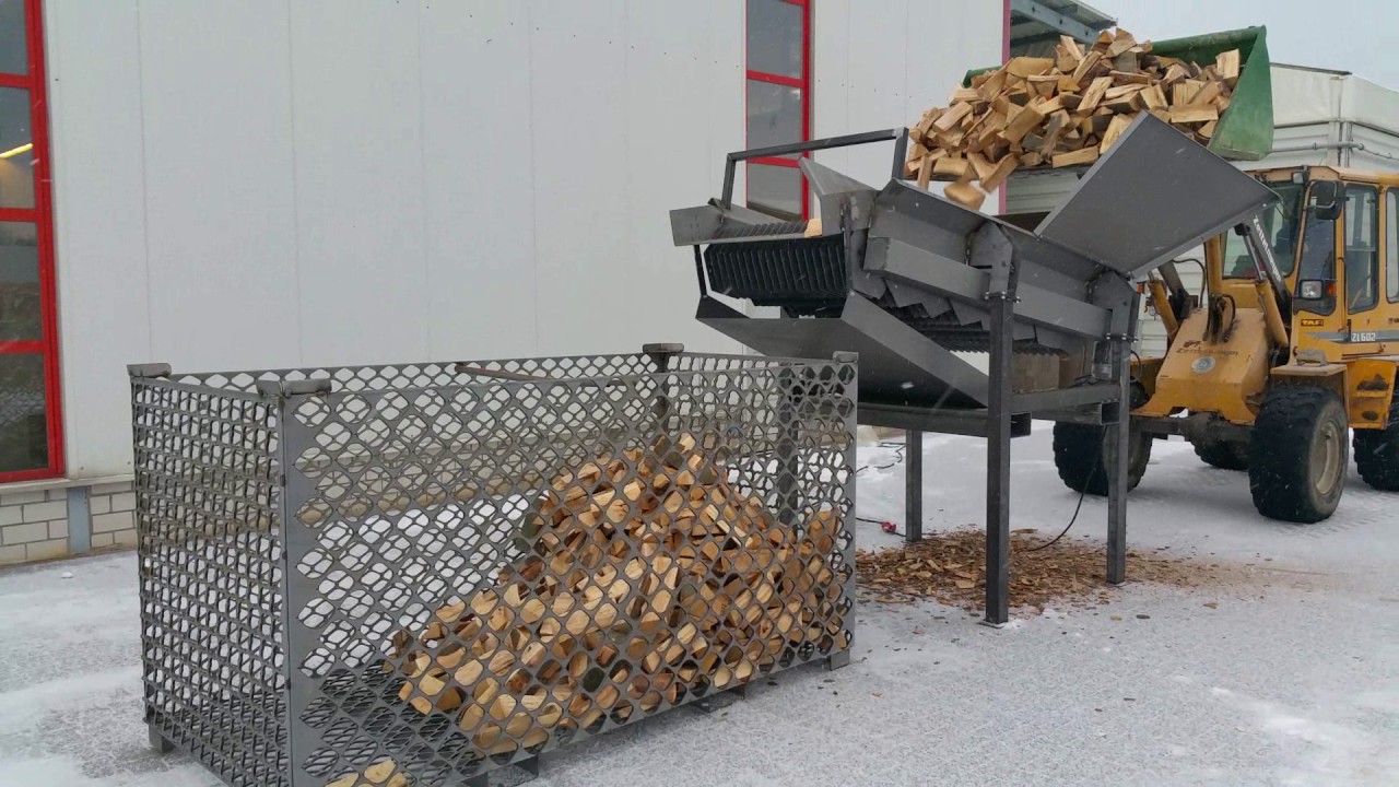 Scheibensieb, Brennholz, S&auml;gespaltautomat, Sieben, Radlader, Gitterbox