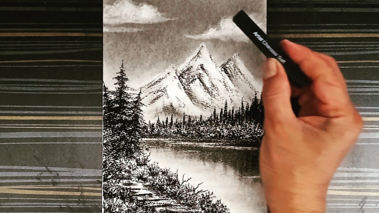 Beautiful Mountain Landscape drawing with charcoal stick step by step.