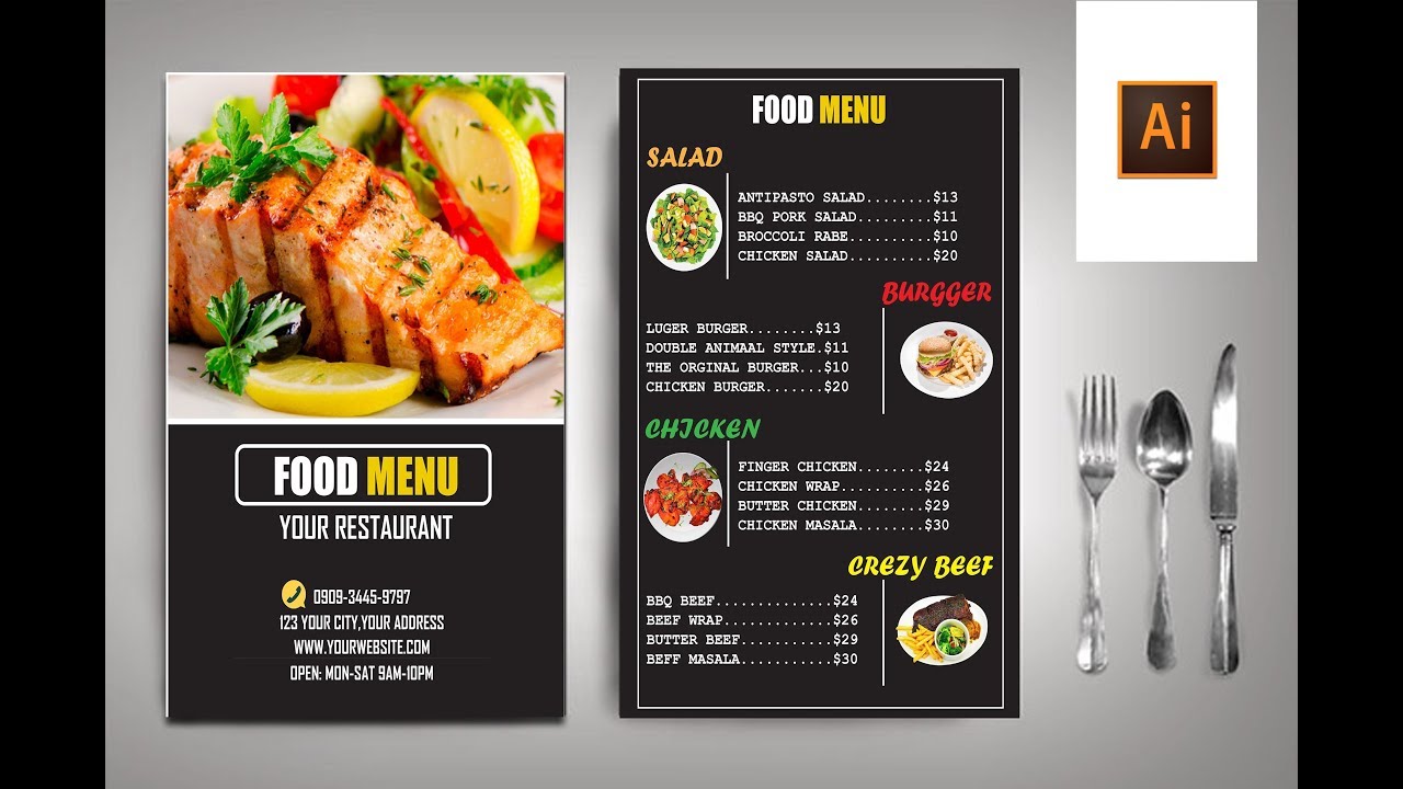 Menu card Design in Adobe Illustrator   - Fast Food Restaurant