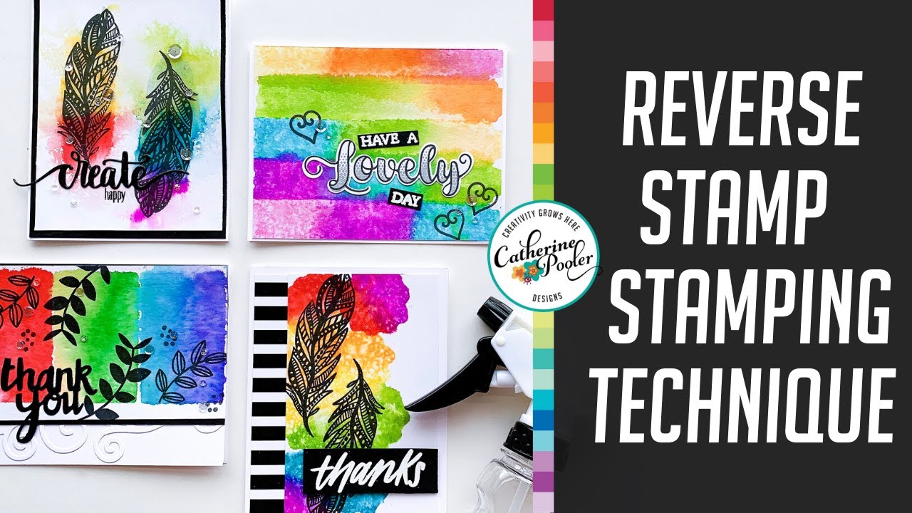 Reverse Stamp Stamping - Four Cards with Rainbow Colors