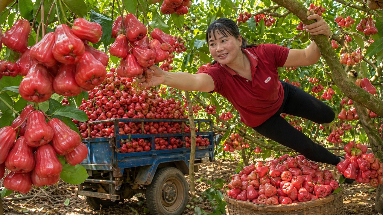 TIMELAPSE -- Harvesting Red Wax Apples by Climbing Tall Trees 🍎 Farm to Market by 3-Wheeled Truck