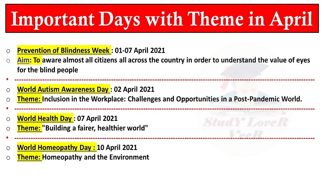 Important Days with Theme in April - National & International - Current Affairs 2021 by Veer #UPSC