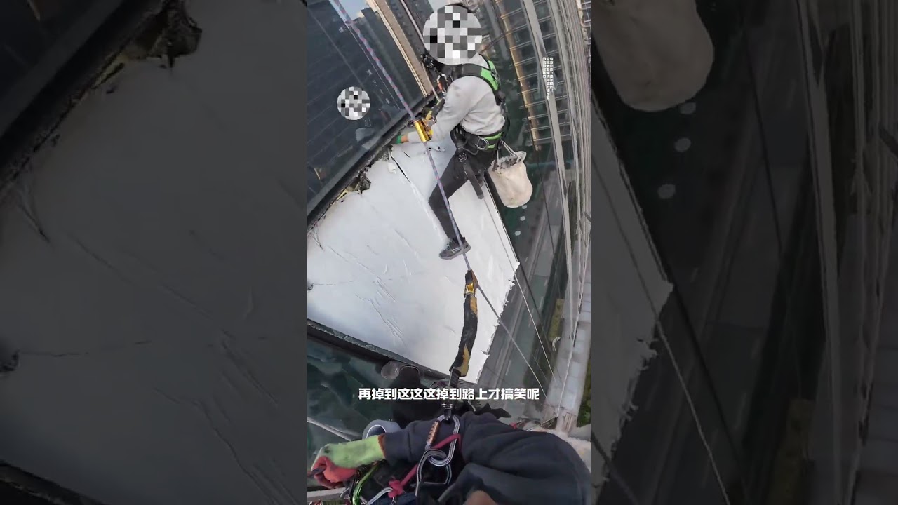 The first-person perspective shows Spider-Man working at heights to dismantle the curtain