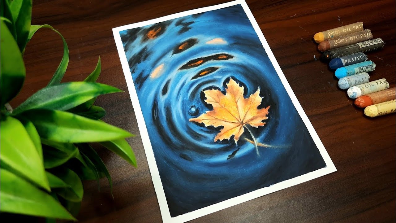 Maple leaf drawing with oil pastel | How to Draw a Maple leaf Floating on Water Step by Step