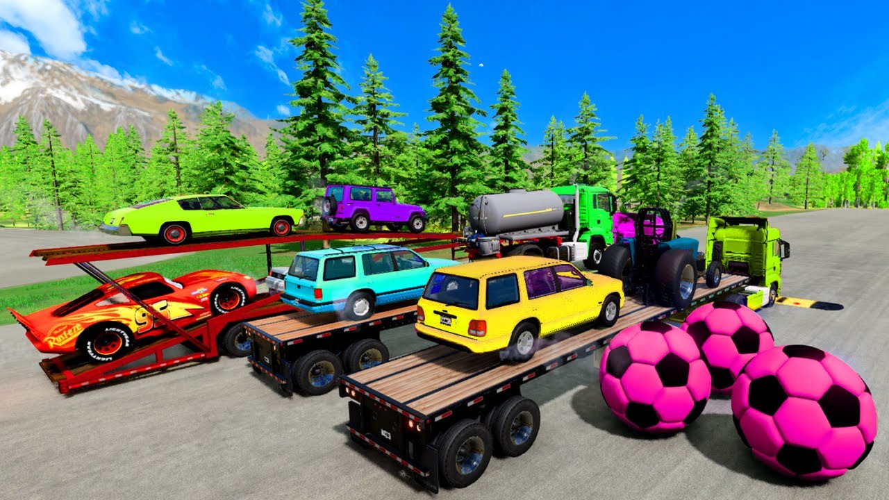 Flatbed Truck McQueen | Transportation with Truck - Pothole vs Car #27 | BeamNG.drive Gameplay