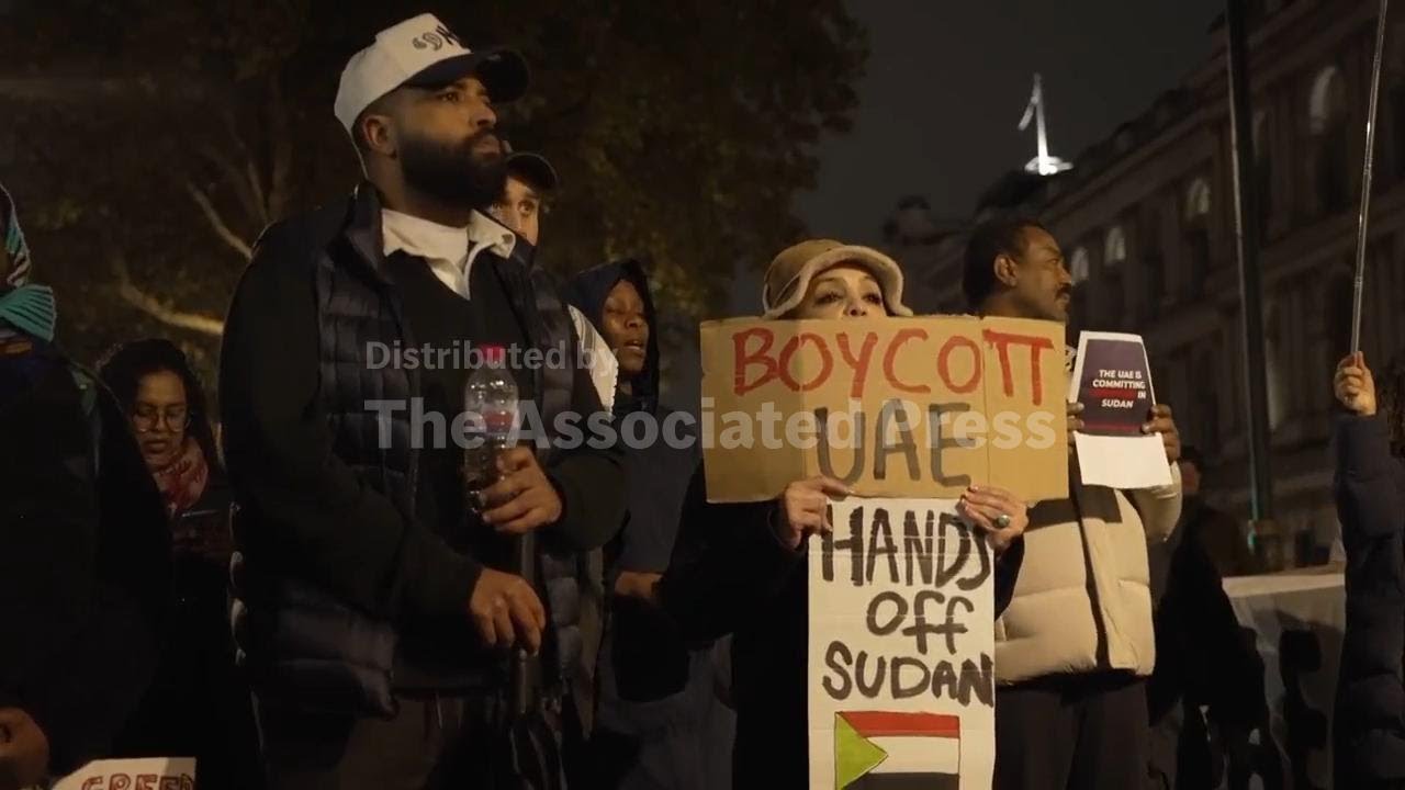 Protesters gather in front of Downing Street in London in solidarity with Sudan