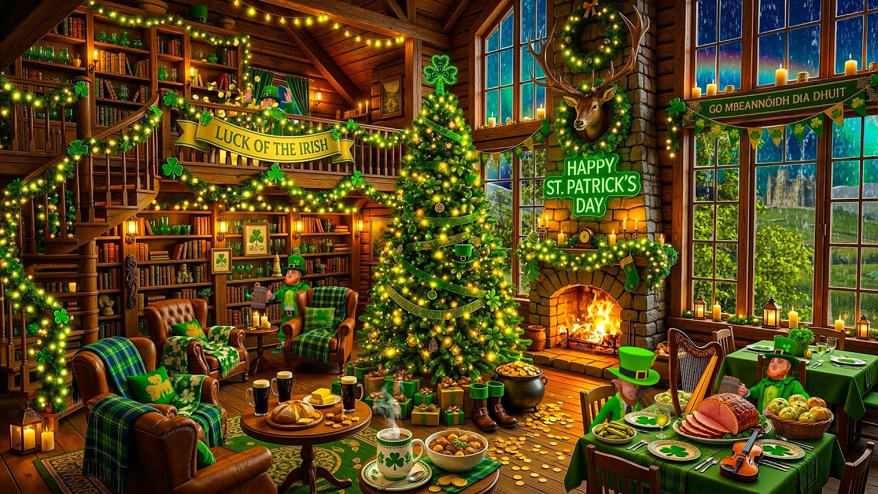 Happy St. Patrick’s Day 🍀 Cozy Coffee Shop Jazz & Rain Sounds | Relaxing Night Ambience