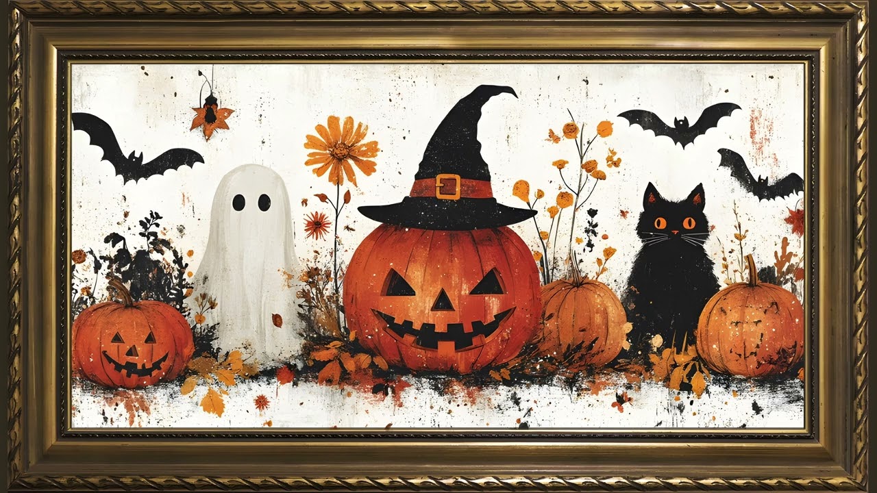 Whimsy Halloween, Oil Pastel Painting in 4K | Gold Framed Art Screensaver for TV