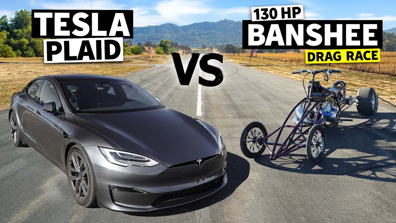 130hp Custom Yamaha Banshee vs 1100hp Tesla Model S Plaid | No Prep Drag Racing