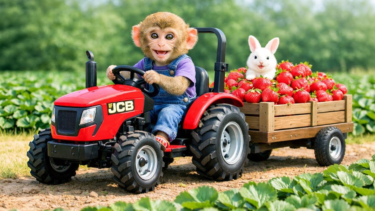 Monkey Farm Tractor Strawberry Farm Harvest Saves the Bunny! - Monkey Farm Work | Zuko Monkey Farm