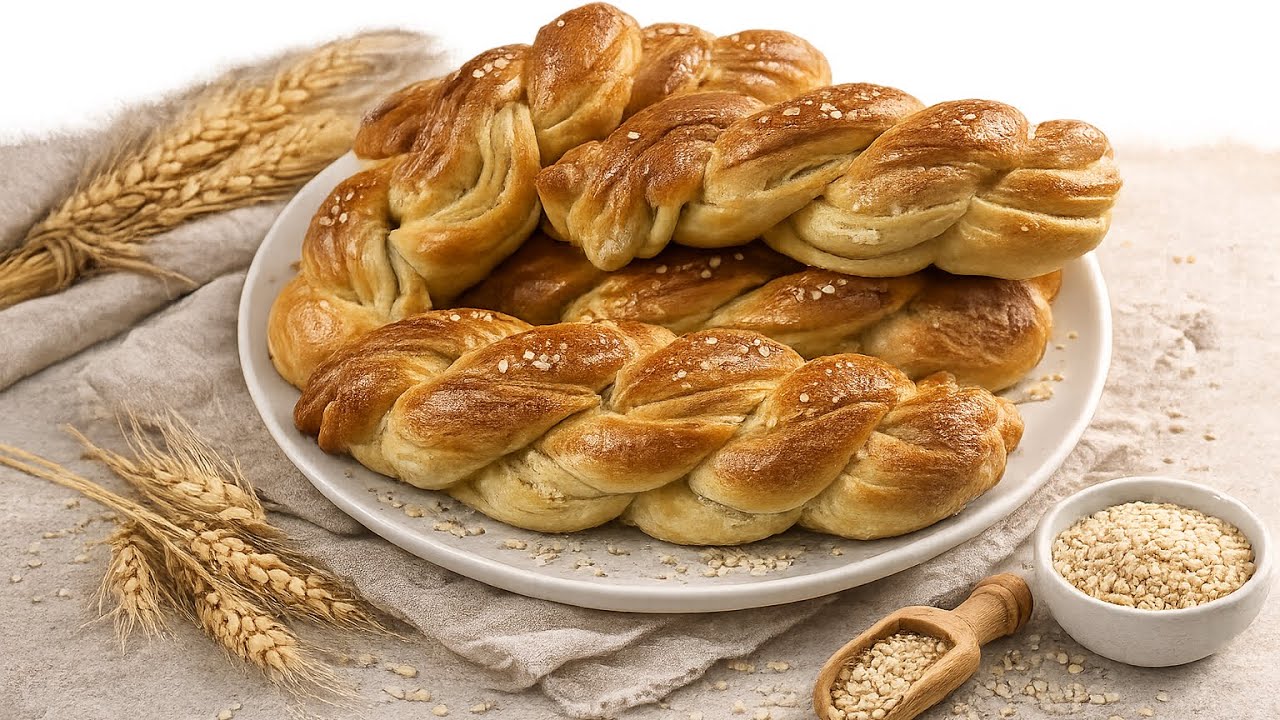 أكلات آيلا#“خبز ضفيرة طري وذهبي بالسمسم، بدون تعقيد وبطعم بيجنن!