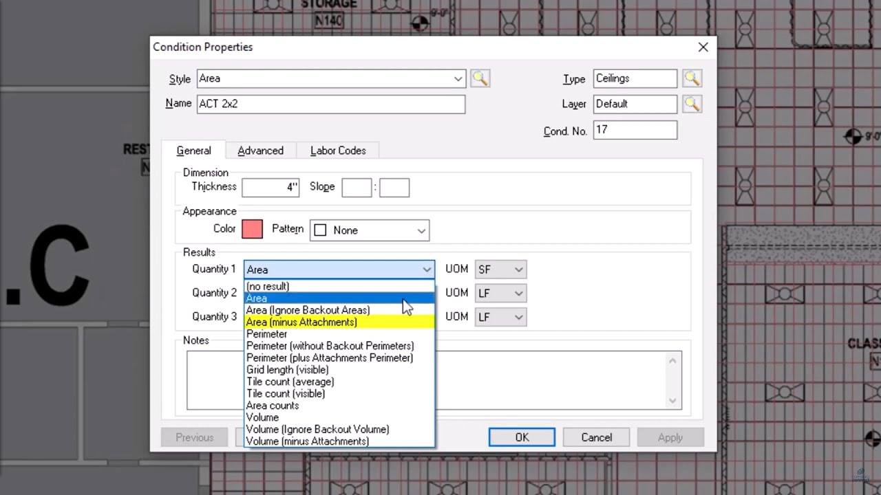 On-Screen Takeoff - Area Attachment Conditions