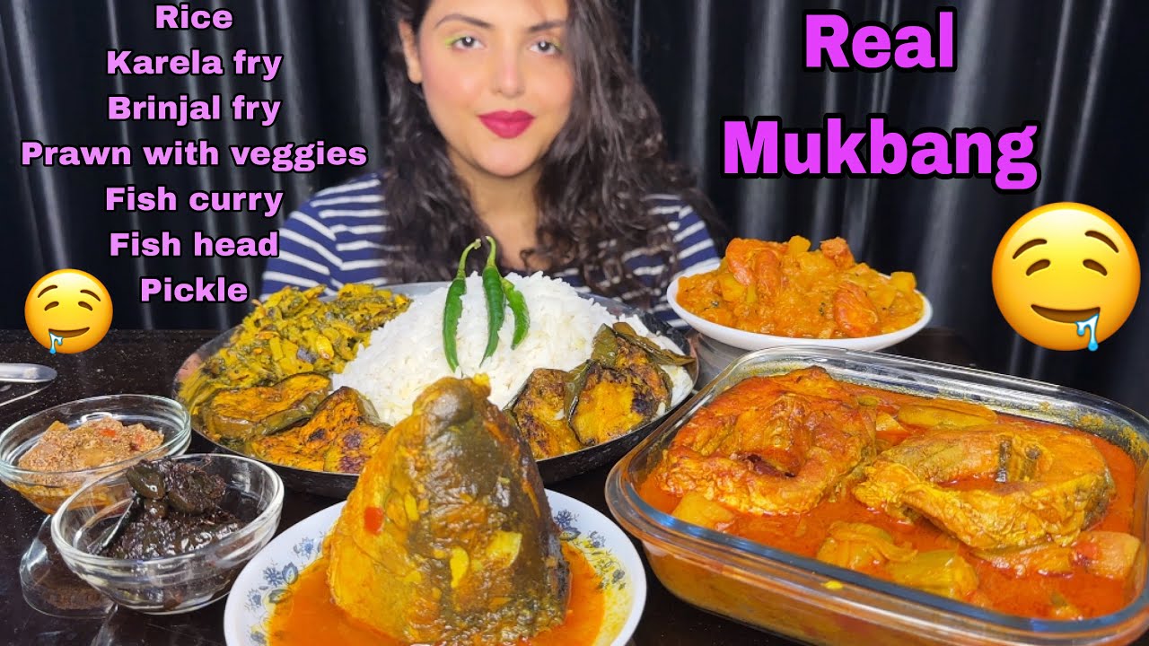 Mukbang Eating Rice, Fish Curry, Fish Head, Prawn-veggies, Brinjal Fry | Big Bites