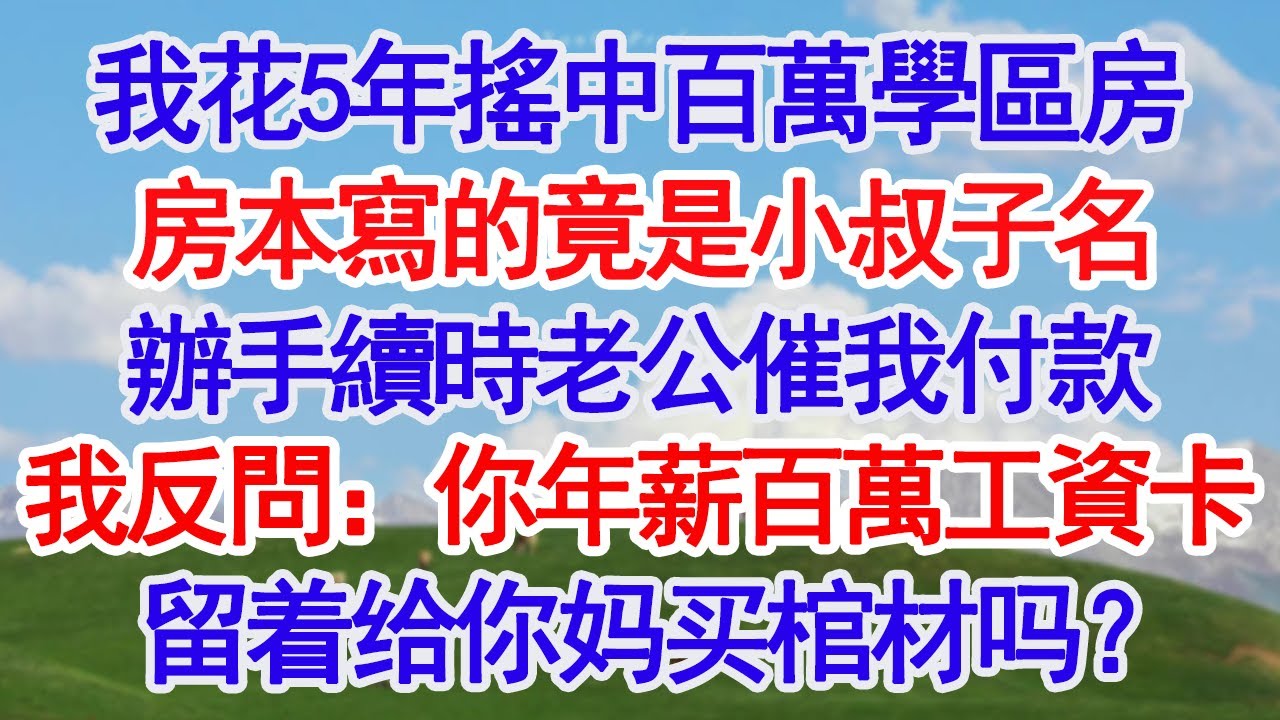 我花5年搖中百萬學區房房本寫的竟是小叔子名辦手續時老公催我付款我反問：你年薪百萬的工資卡留着给你妈买棺材吗？