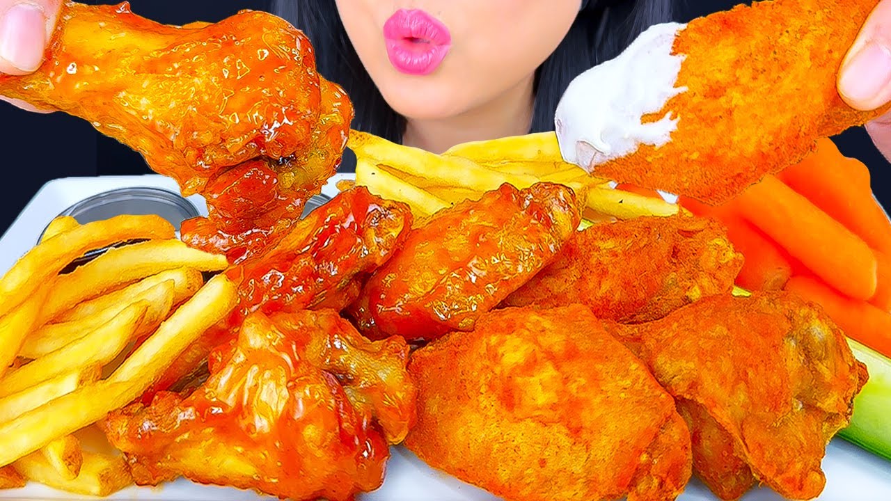 ASMR Fried Chicken Wings | Spicy Mango Habanero & Desert Hot Heat | Buffalo Wild Wings | ASMR Phan