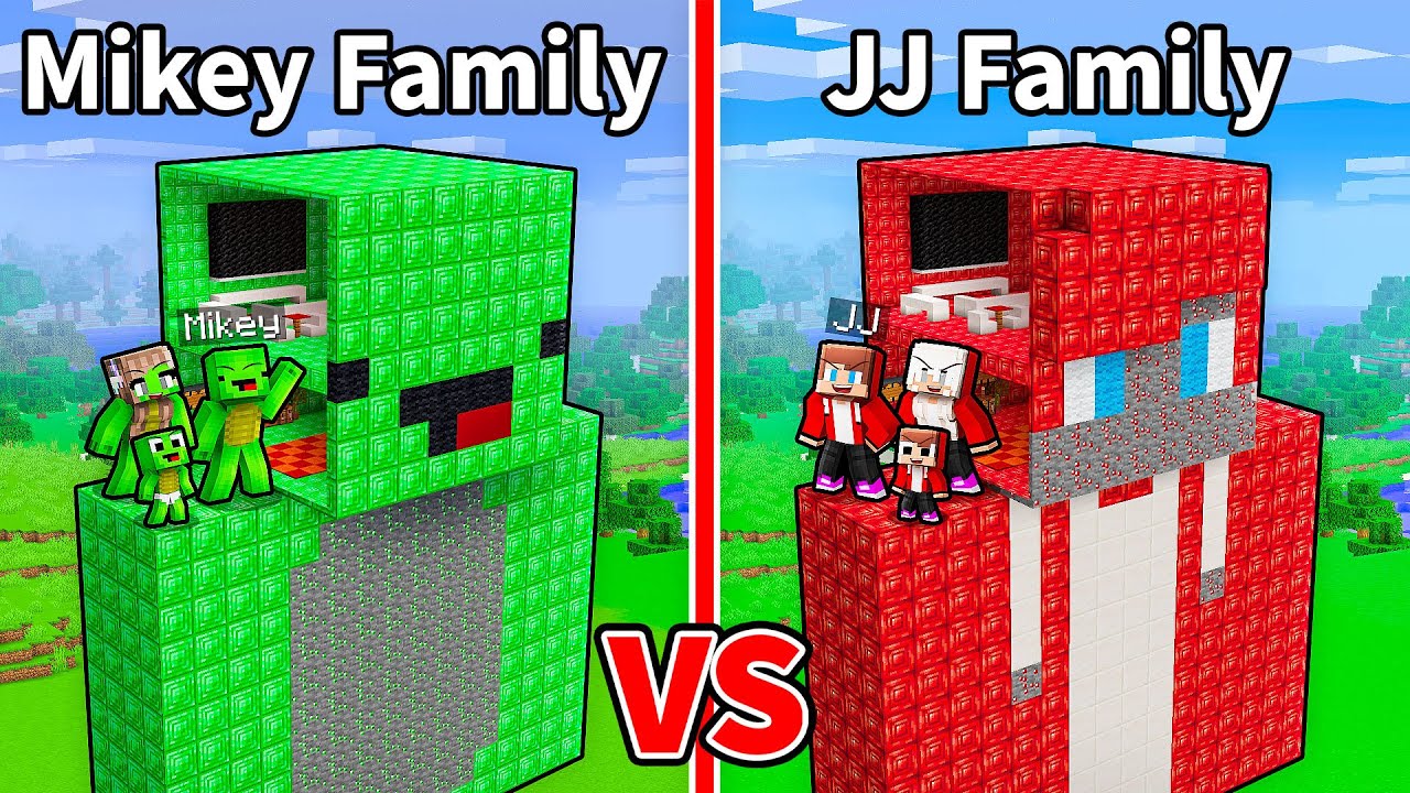 Mikey Family EMERALD vs JJ Family RUBY Head Base Battle in Minecraft (Maizen)