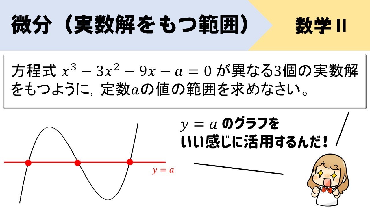 【微分】異なる3つの実数解をもつaの範囲は？グラフを上手く活用しよう！