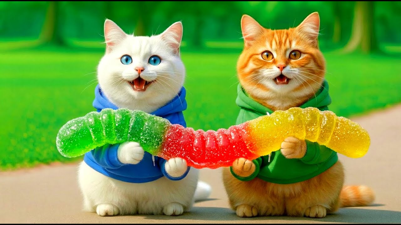TWO CUTE KITTENS RECEIVED A SURPRISE FROM THEIR MOTHER: A HUGE GUMMY WORM.