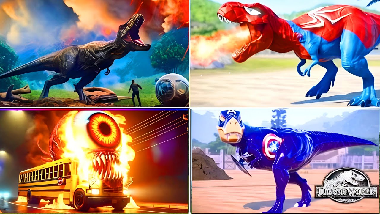 Jurassicworld Spinosaurus 🆚T rex Spider 🆚Scool Bus Eater 🆚T rex Capten Amerika Coffindance #juras