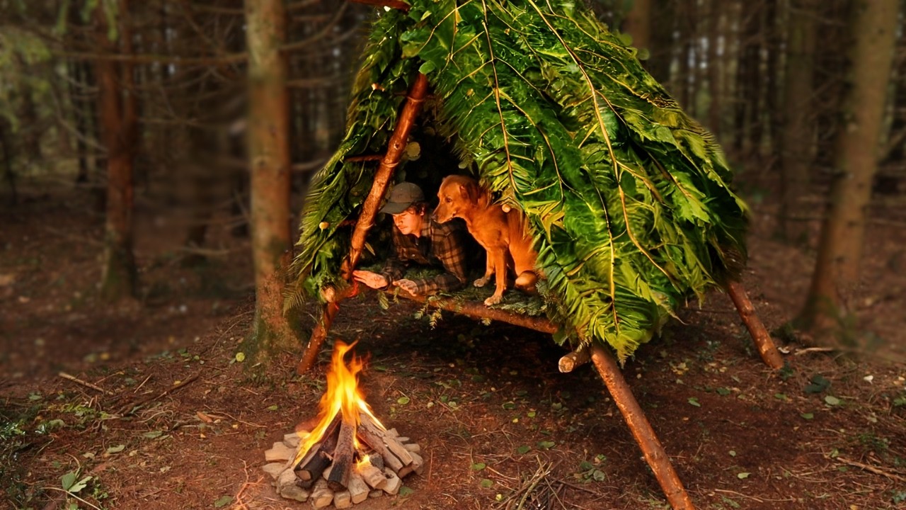 Build a Warm and Cozy Survival Hut in the Wilderness Using Hand Tools | Winter Bushcraft Shelter
