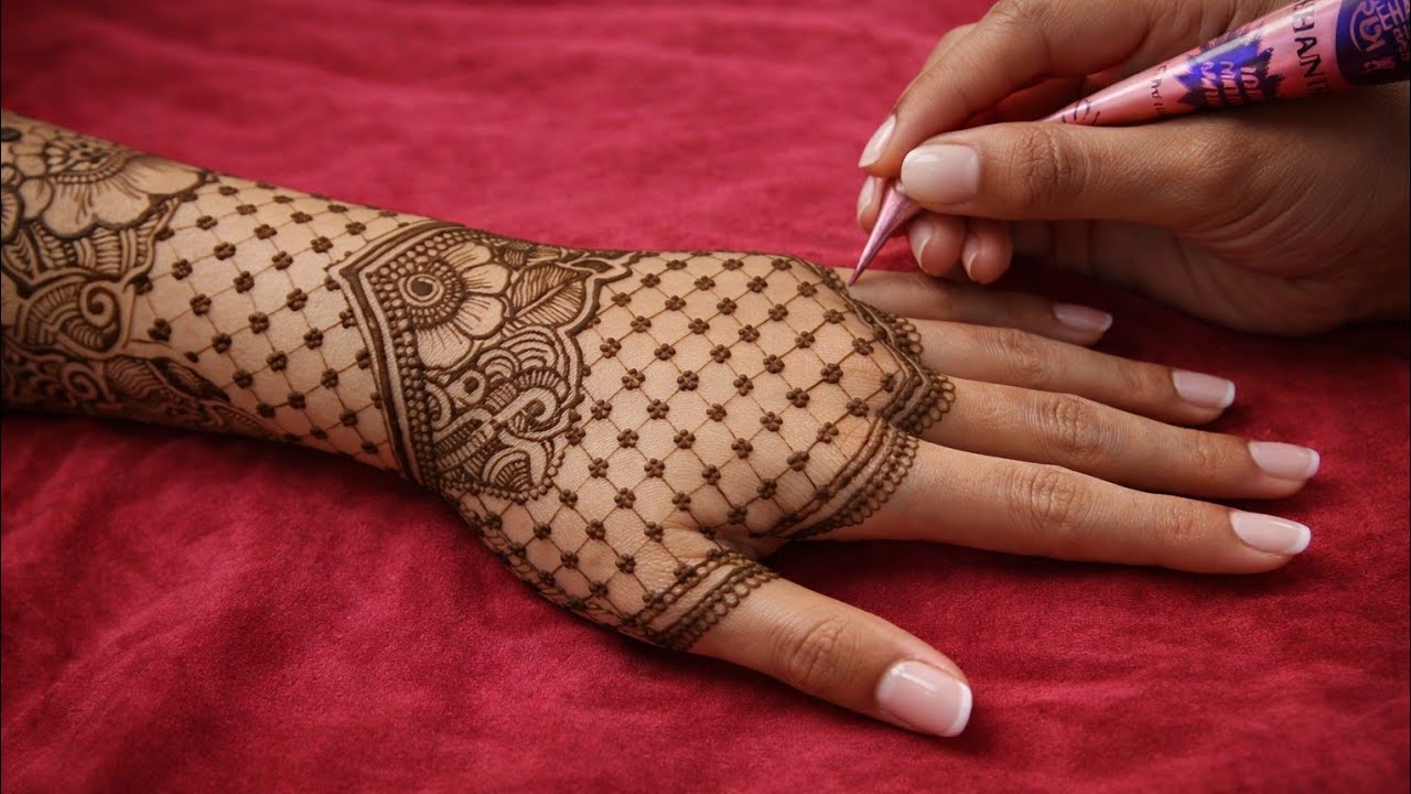 Arabic + Net Pattern Back Hand Mehndi Design