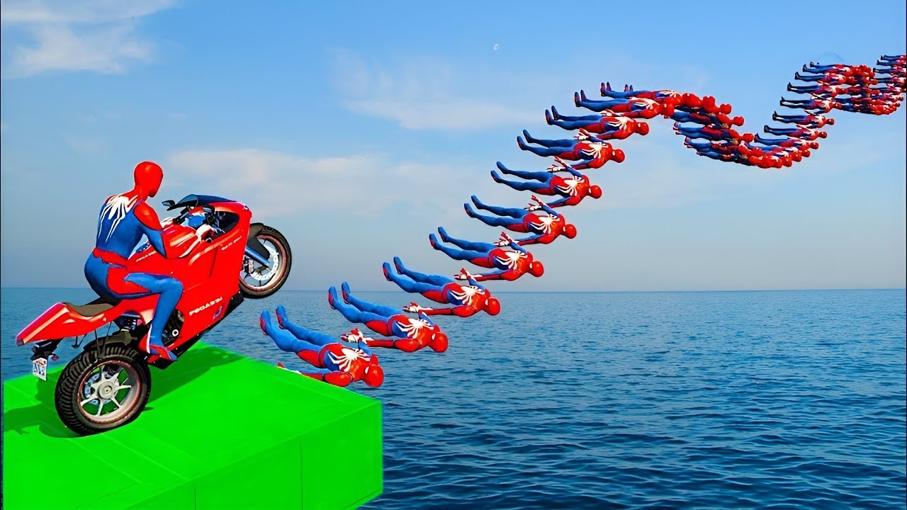 🦸🦈سبايدر مان اصعب دراجة نارية فوق اسماك القرش - Superheroes Ride on Motorcycle Stunts Funny😜 Moments
