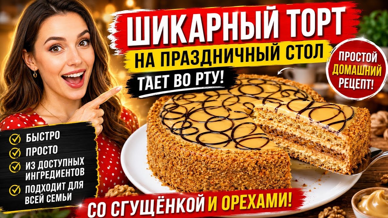 ШИКАРНЫЙ ТОРТ на ПРАЗДНИЧНЫЙ СТОЛ за 10 МИНУТ! Тает во рту 😍 Простой Домашний Рецепт
