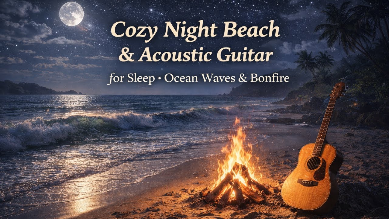 Cozy Night Beach & Acoustic Guitar for Sleep • Ocean Waves & Bonfire | Biển Đêm Vỗ Về