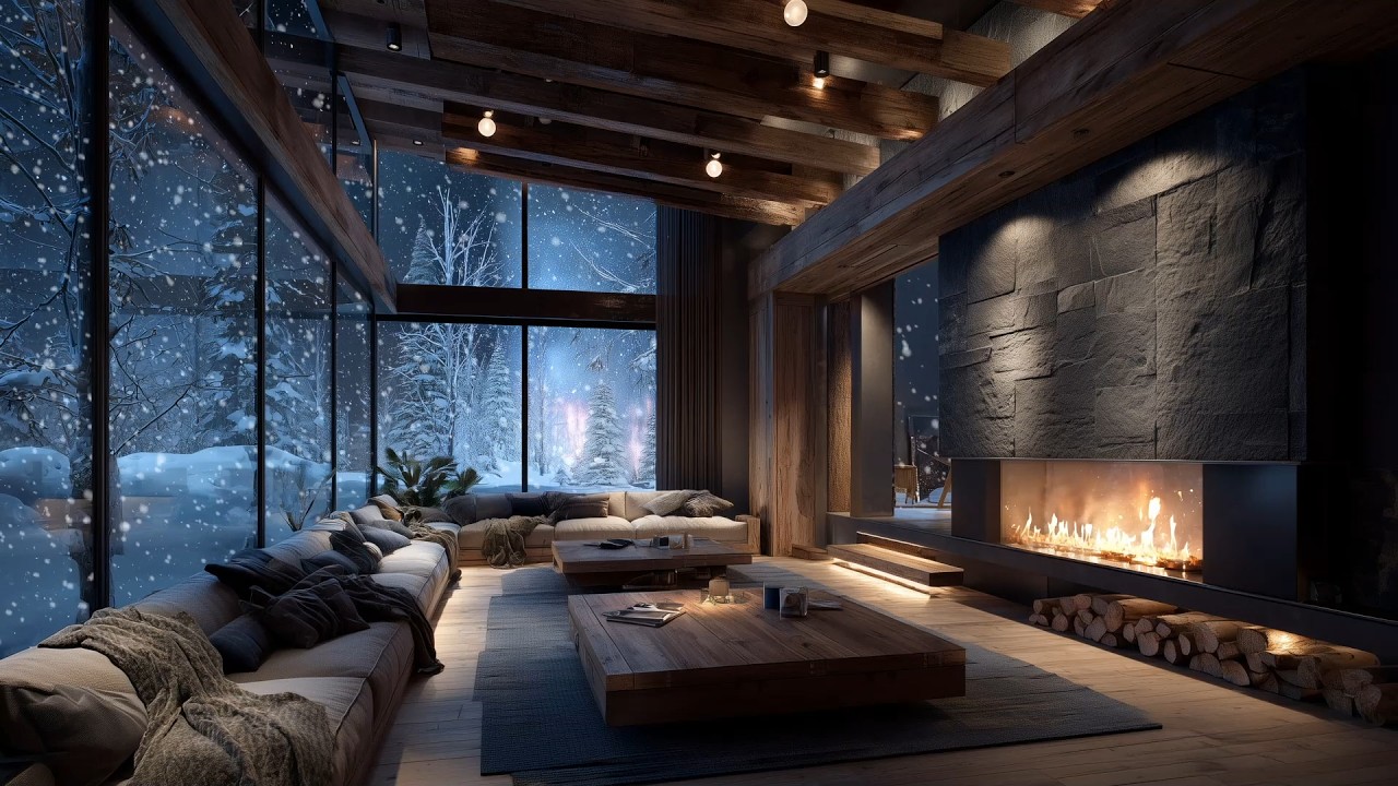 Heavy Snow Outside a Modern Winter Retreat ❄️🔥 Long Fireplace Ambience