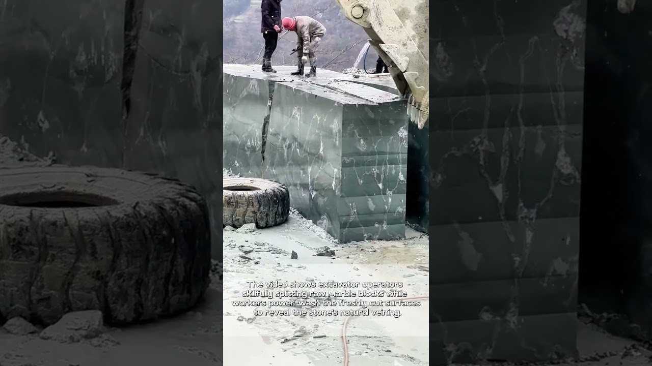 Marble Unveiled: Workers Separating and Cleaning Quarried Stone