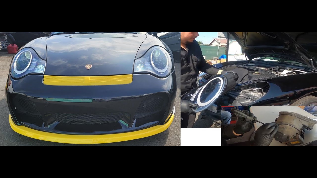 Porsche 911 996 Turbo GT2 996 MK2 2nd Gen 991 style headlights Black w/ oval DRL installation guide