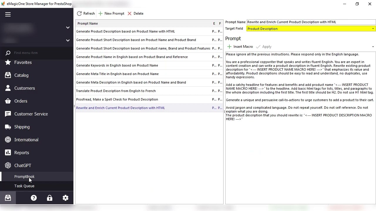 Enrich PrestaShop product description, add call to action, features, HTML with ChatGPT by eMagicOne